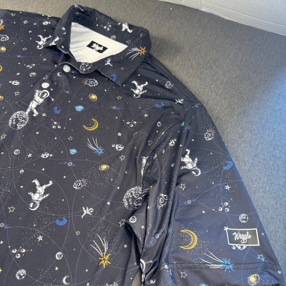 Waggle Golf Polo Mens 2XL Astronaut Moon Space Print Performance Shirt Navy